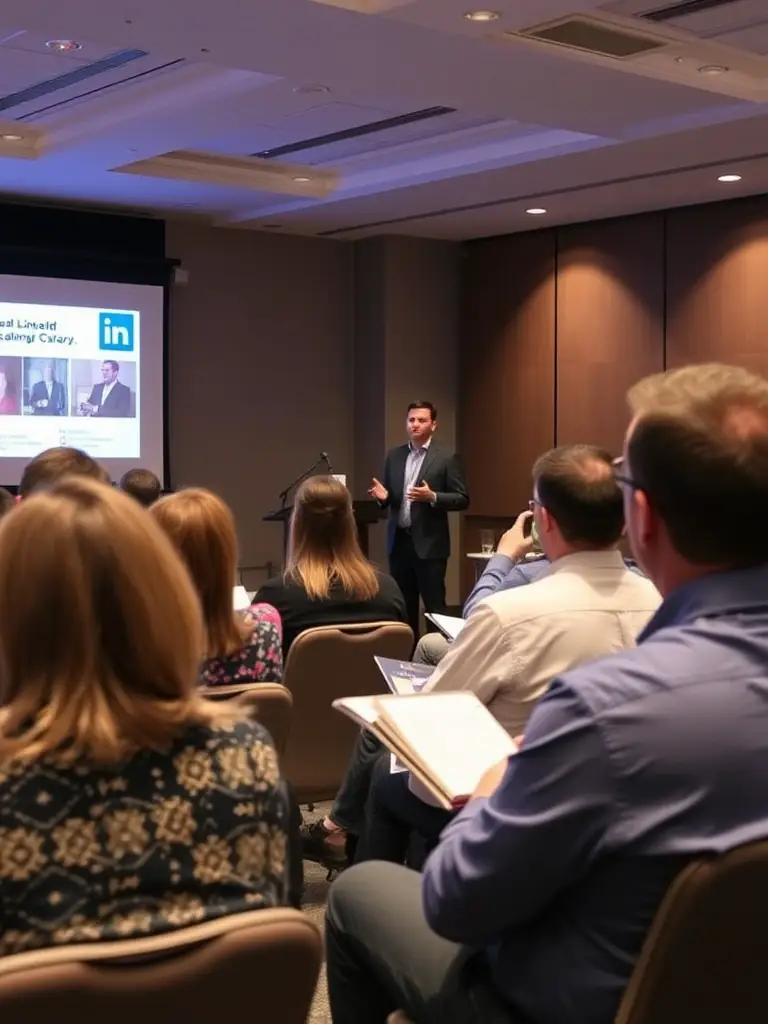 An image of a speaker presenting at a LinkedIn Local Calgary event, with the audience attentively listening.