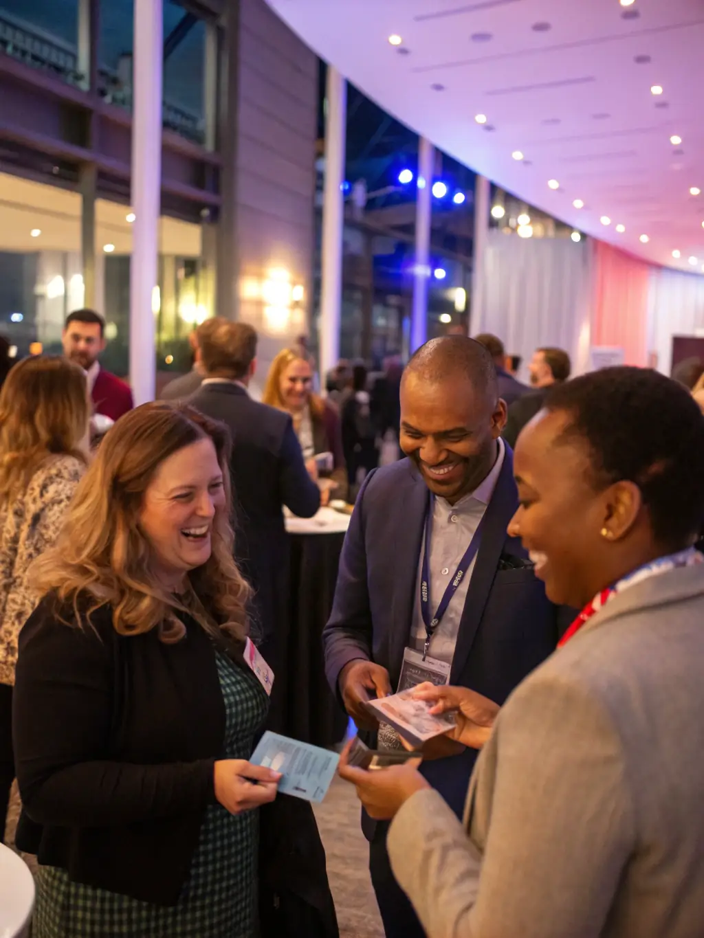A high-quality photo of a recent LinkedIn Local Calgary networking event, showcasing attendees actively engaging in conversations and exchanging business cards.