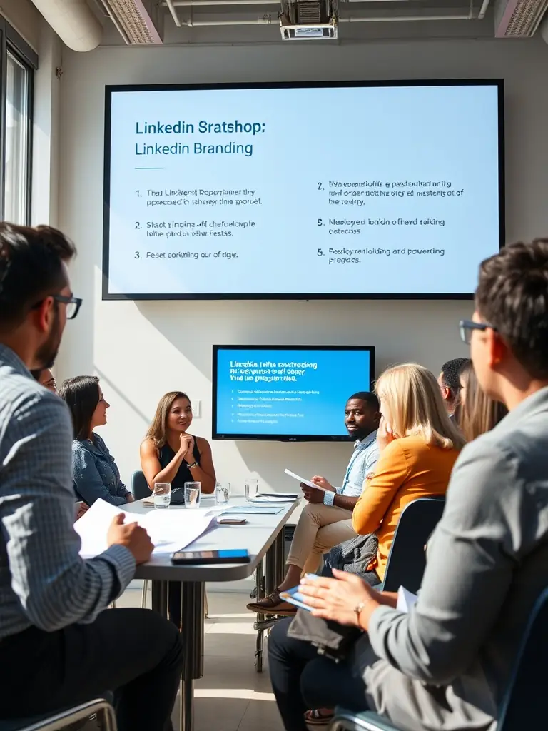 A photo of a diverse group of professionals collaborating during a workshop session at a LinkedIn Local Calgary event.